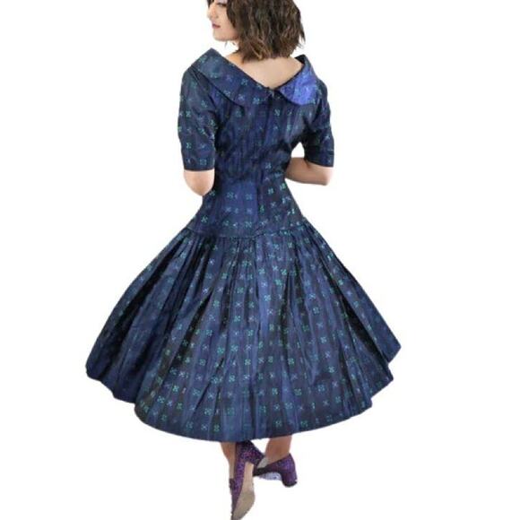 1950s Navy Blue Day Dress Purple Green Geometric Print Size Small - Picture 1 of 14